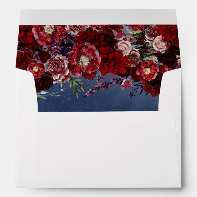 Watercolor Flowers Burgundy and Navy Blue Wedding Envelopes (Back (Bottom))