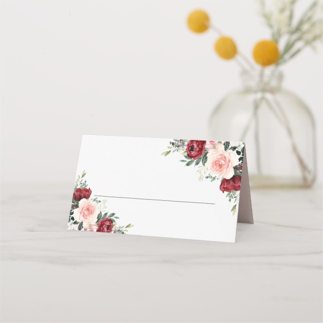 Watercolor Flowers Burgundy Blush Folded Place Card (Front)