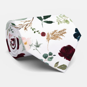 Watercolor Flowers Burgundy Blush Navy Roses Tie