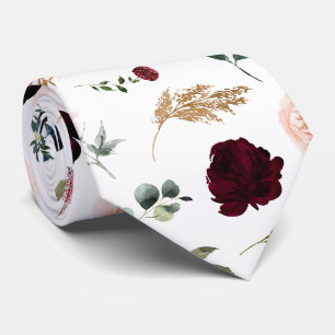 Watercolor Flowers Burgundy Blush Navy Roses Tie