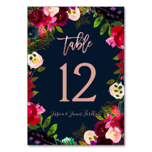 Watercolor Flowers Burgundy Blush Table Number