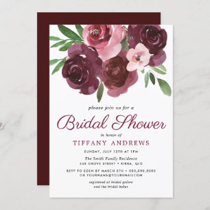 Watercolor Flowers Burgundy Pink Bridal Shower Invitation