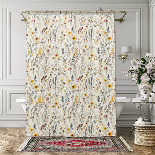 Watercolor Flowers  Burgundy Yellow Blue Green Shower Curtain