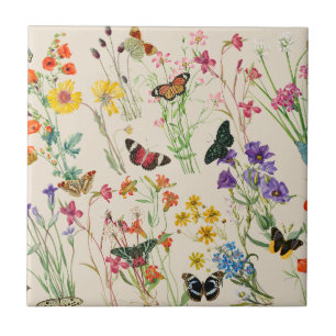Watercolor Flowers & Butterflies Floral Garden Ceramic Tile