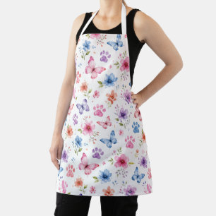 Watercolor Flowers Butterflies Paw Prints Pattern Apron