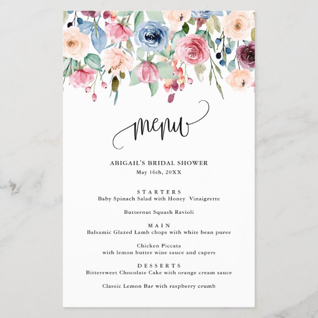 Watercolor Flowers Calligraphy Script Paper Menu (Front)