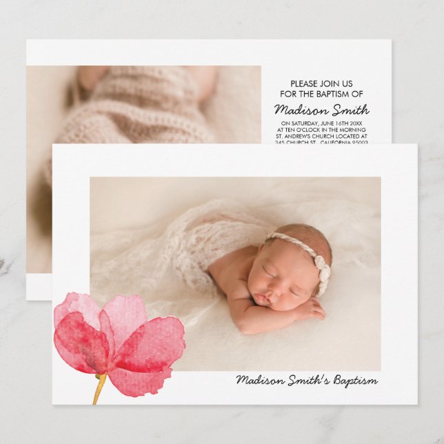 Watercolor Flowers Christening Baptism Invitation (Front/Back)