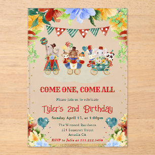 Watercolor Flowers Circus Animals Kids Birthday Acrylic Invitations
