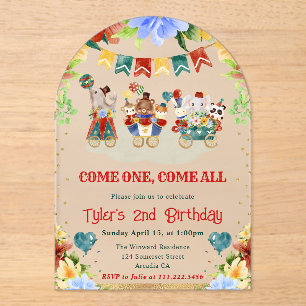 Watercolor Flowers Circus Animals Kids Birthday Acrylic Invitations