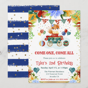Watercolor Flowers Circus Fox Kids Birthday Invitation