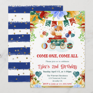 Watercolor Flowers Circus Fox Kids Birthday Invitation