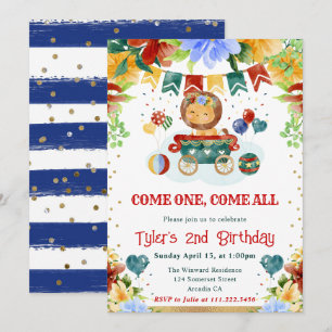 Watercolor Flowers Circus Lion Kids Birthday Invitation