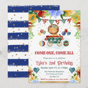 Watercolor Flowers Circus Lion Kids Birthday Invitation