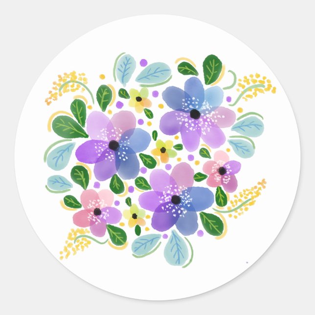 Watercolor Flowers Classic Round Sticker (Front)