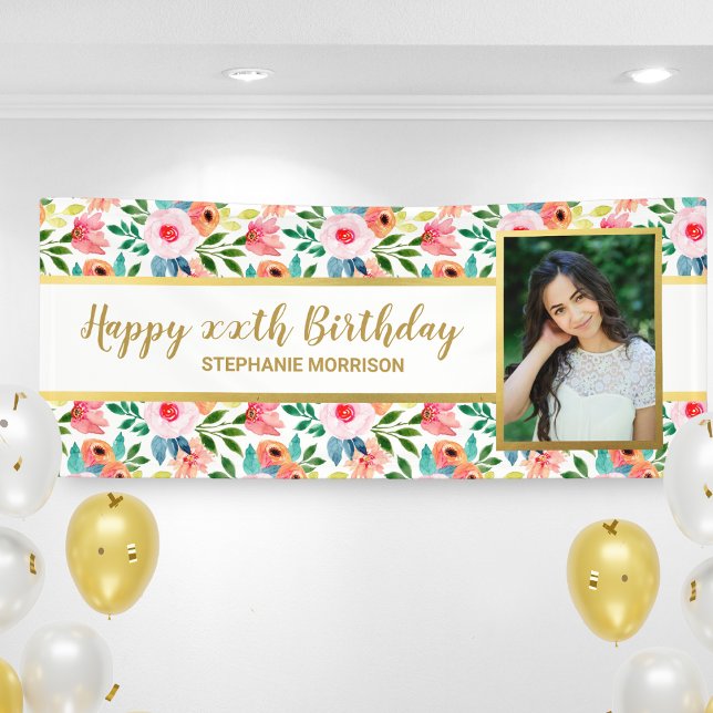Watercolor Flowers, Custom Photo Text Birthday Banner (Creator Uploaded)