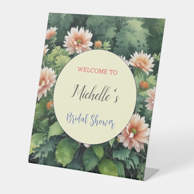 Watercolor Flowers Cute Bridal Shower  Pedestal Sign (Front)