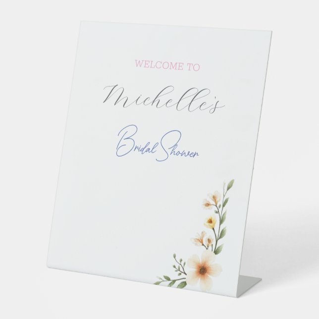Watercolor Flowers Cute Bridal Shower  Pedestal Sign (Front)