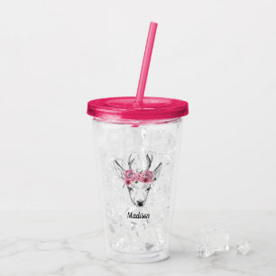 Watercolor Flowers Deer   Add Your Name Acrylic Tumbler