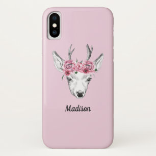 Watercolor Flowers Deer Add Your Name iPhone X Case