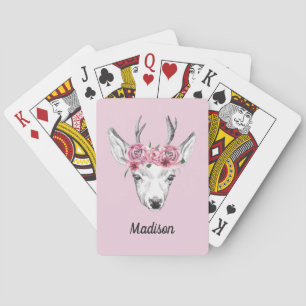 Watercolor Flowers Deer   Add Your Name Playing Cards