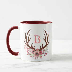 Watercolor Flowers Deer Antlers Initial Letter Mug