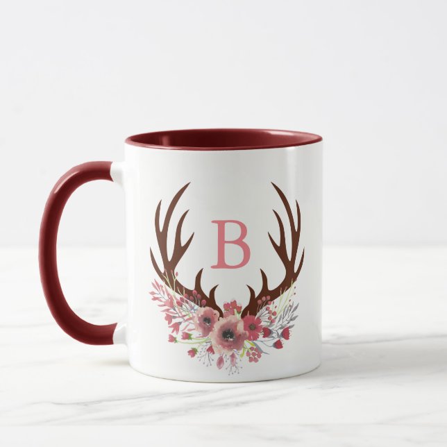 Watercolor Flowers Deer Antlers Initial Letter Mug (Left)