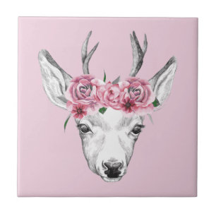 Watercolor Flowers Deer Ceramic Tile