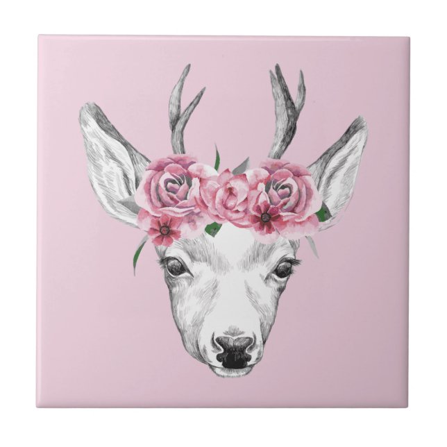 Watercolor Flowers Deer Ceramic Tile (Front)