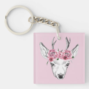 Watercolor Flowers Deer Key Ring