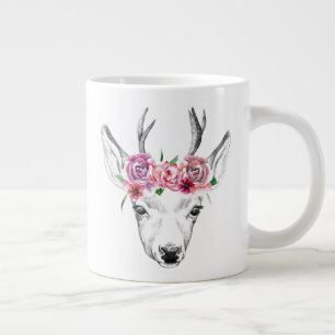 Watercolor Flowers Deer Large Coffee Mug