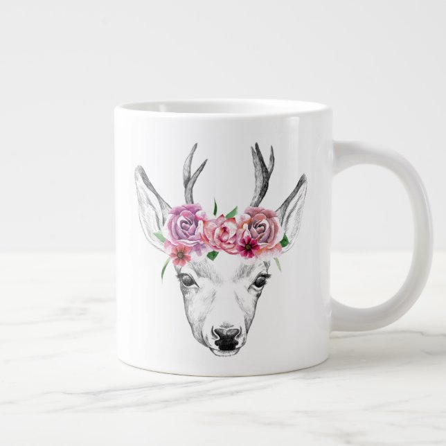 Watercolor Flowers Deer Large Coffee Mug (Right)