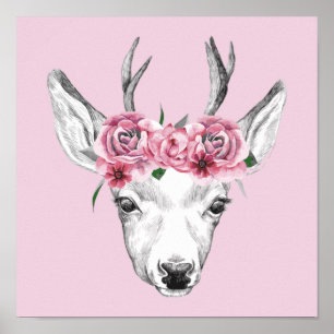 Watercolor Flowers Deer Poster