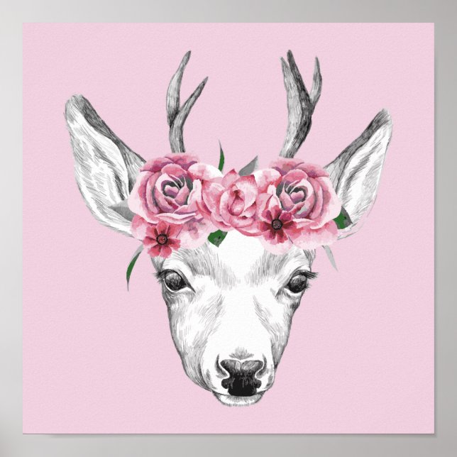Watercolor Flowers Deer Poster (Front)