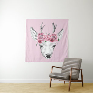 Watercolor Flowers Deer Tapestry