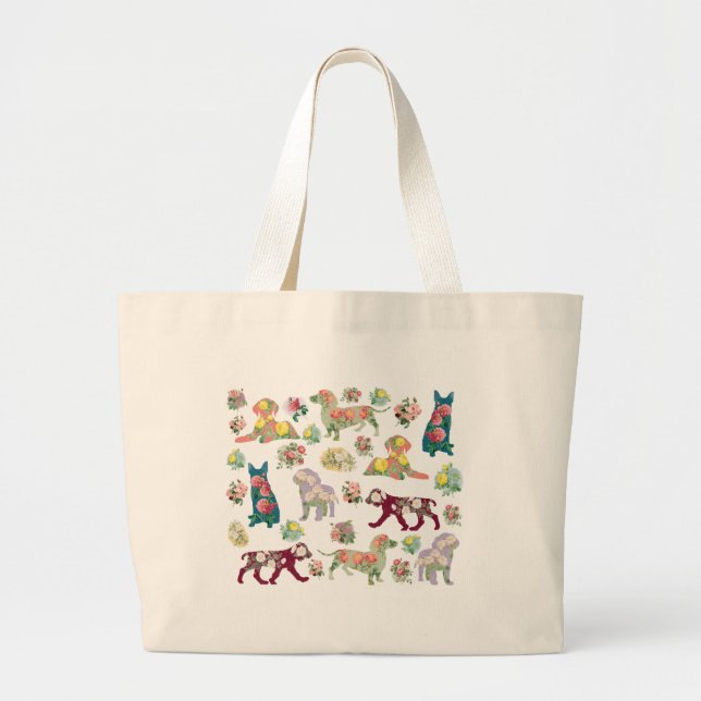 Watercolor Flowers & Dogs Pattern Large Tote Bag (Front)