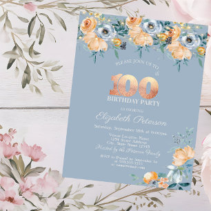 Watercolor Flowers Dusty Blue 100th Birthday Invitation