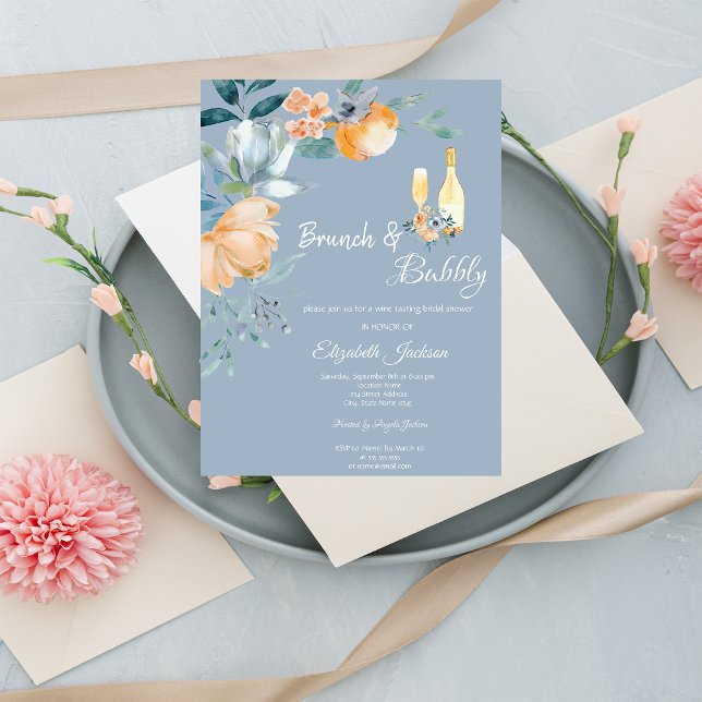 Watercolor Flowers Dusty Blue Brunch & Bubbly Invitation (Creator Uploaded)