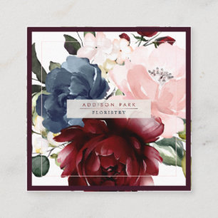 Watercolor Flowers Dusty Blue Burgundy Blush Square Business Card