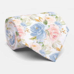Watercolor Flowers Dusty Blue Dusty Pink Roses Tie