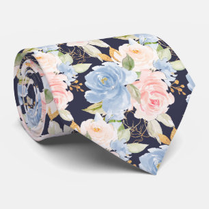Watercolor Flowers Dusty Blue Dusty Pink Roses   Tie