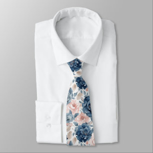 Watercolor Flowers Dusty Blue Navy Roses Tie