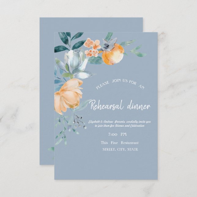 Watercolor Flowers Dusty Blue  Rehearsal Dinner   Invitation (Front/Back)