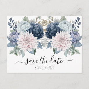 Watercolor Flowers dusty blue Save the Date Postcard