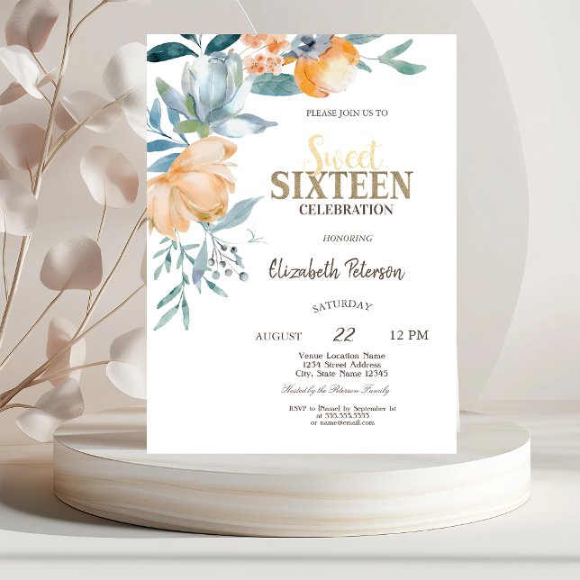 Watercolor Flowers Dusty Blue Sweet 16  Invitation (Creator Uploaded)