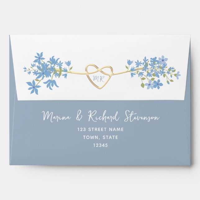 Watercolor Flowers Dusty Blue Wedding Envelope (Back (Top Flap))
