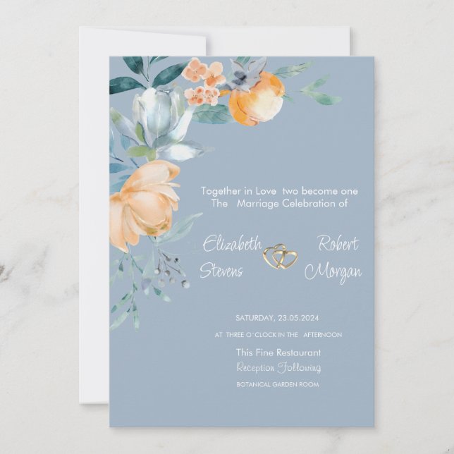 Watercolor Flowers Dusty Blue Wedding Invitation (Front)