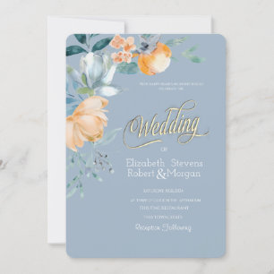 Watercolor Flowers Dusty Blue Wedding Invitation