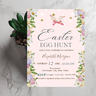 Watercolor Flowers Eggs Bunny Ears Invitation
