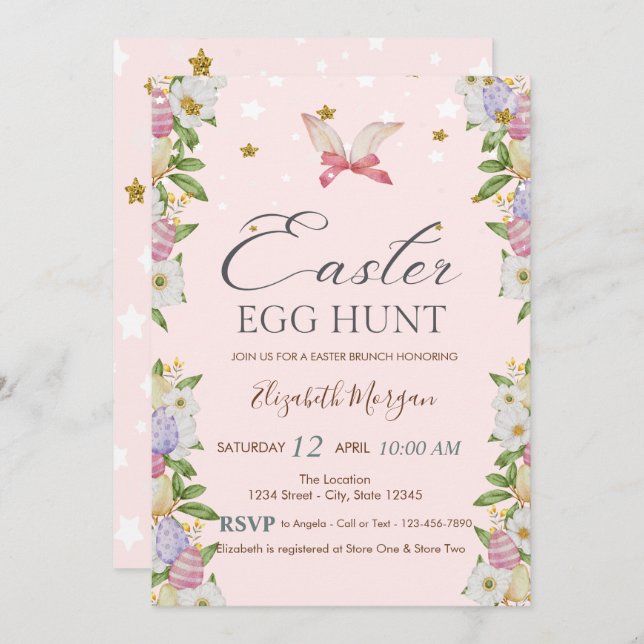 Watercolor Flowers Eggs Bunny Ears  Invitation (Front/Back)