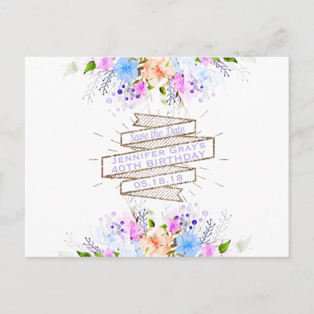 Watercolor Flowers Elegant Birthday Party Announcement Postcard (Front)